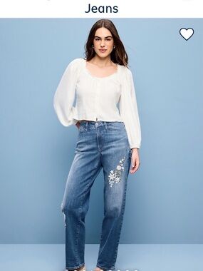 Old Navy Light Blue Straight Leg Jeans with White Floral Embroidery